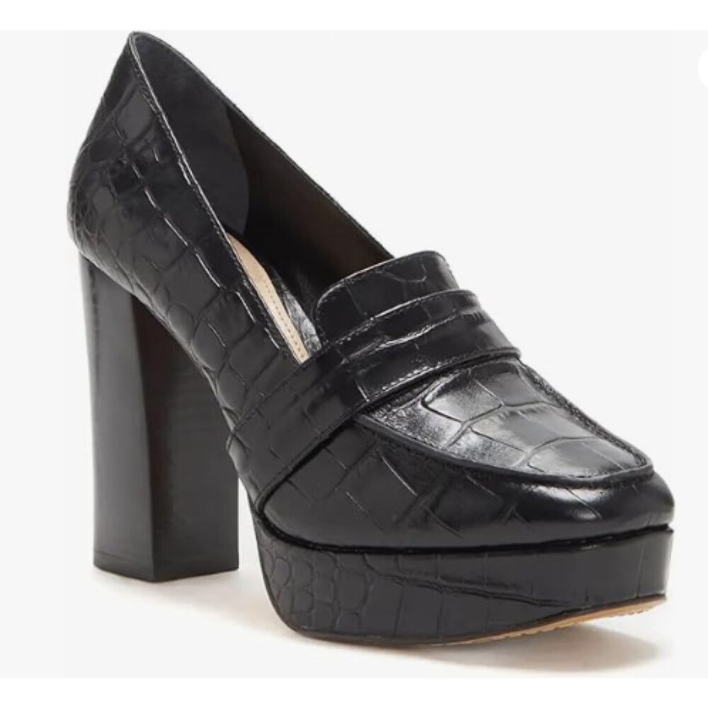 FOWT Black Chunky Heel Loafer Square Toe High Heel Slip-on Crocodile-Text Pumps